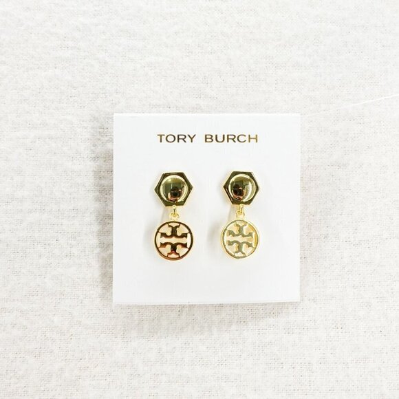 Tory Burch Hexagon Circle Logo Drop Earrings Gold OS - Picture 1 of 12